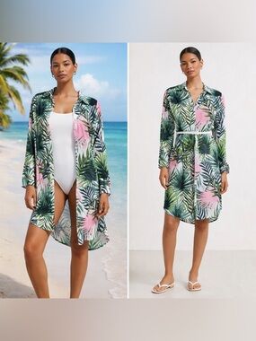Tropical Palm Print Shirt Dress Cover Up XS Button Front Pink Green Resort Beach